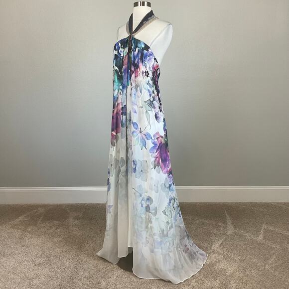 Badgley Mischka Backless Floral Print Beaded Halter Evening Gown White Size 10 - Picture 5 of 15